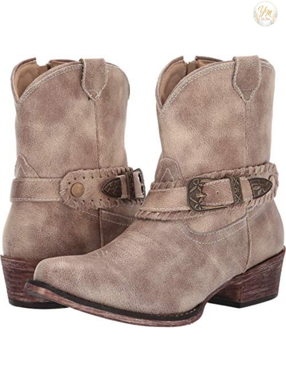Western Ankle Boots Womens Vintage Faux Leather Distressed Buckle Low Heel